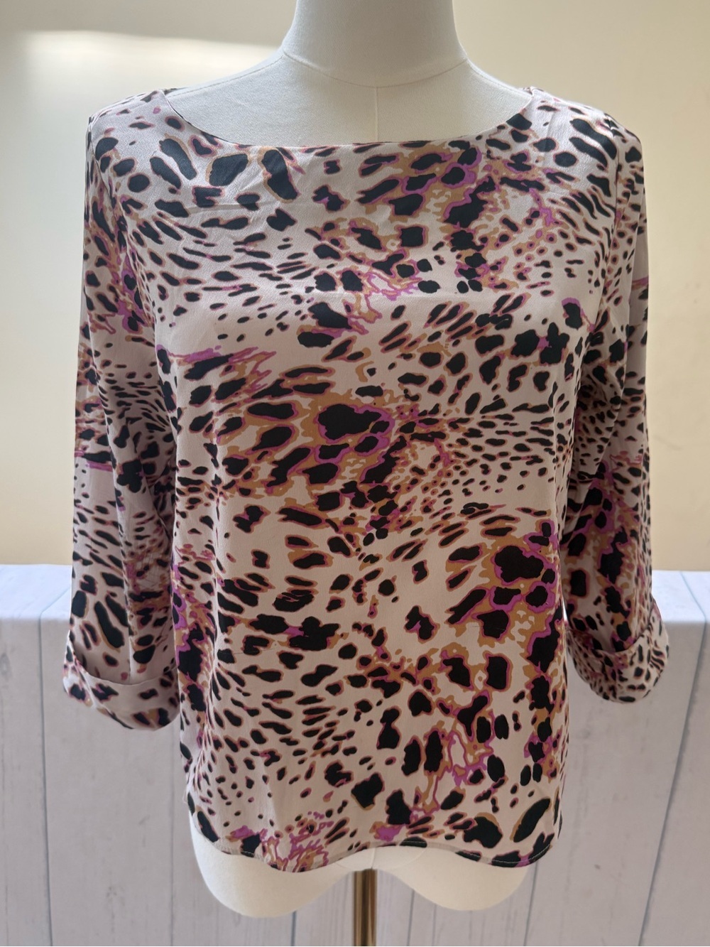Banana Republic Leopard-Print Scoop Neck Top in Cream, Black and Pink